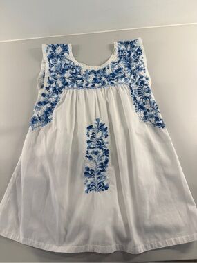 Mi Golondrina White Tunic with Blue Floral Embroidery